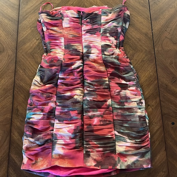 Strapless Bodycon Mini Abstract Floral Ruched Tulle Sz 0 - Picture 9 of 11